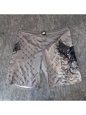 MMA Elite Grail Gray Grunge Baggy Surf Board Shorts Mens 2XL Vtg y2k 90s Rare
